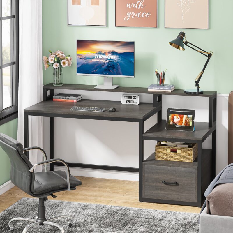 Computer Desk, 60" Desk with File Drawer and Shelves - Image 10