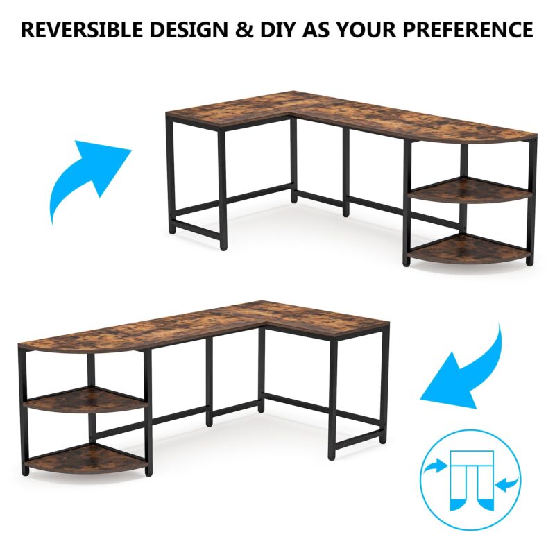 L-Shaped Desk, 75 inch Corner Computer Desk with Reversible Shelves - Image 4