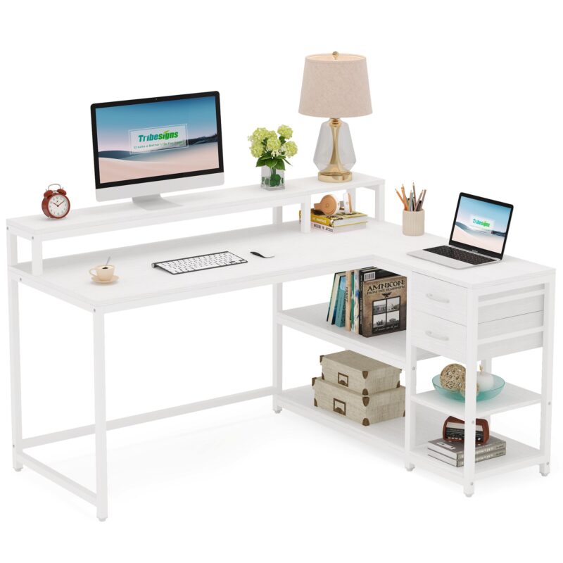 L-Shaped Desk, Industrial Corner Desk with Drawer & Storage Shelves - Image 7