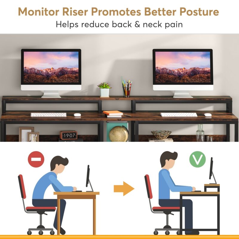 Two Person Desk, 78.7" Double Computer Desk with Monitor Riser & Shelves - Image 5