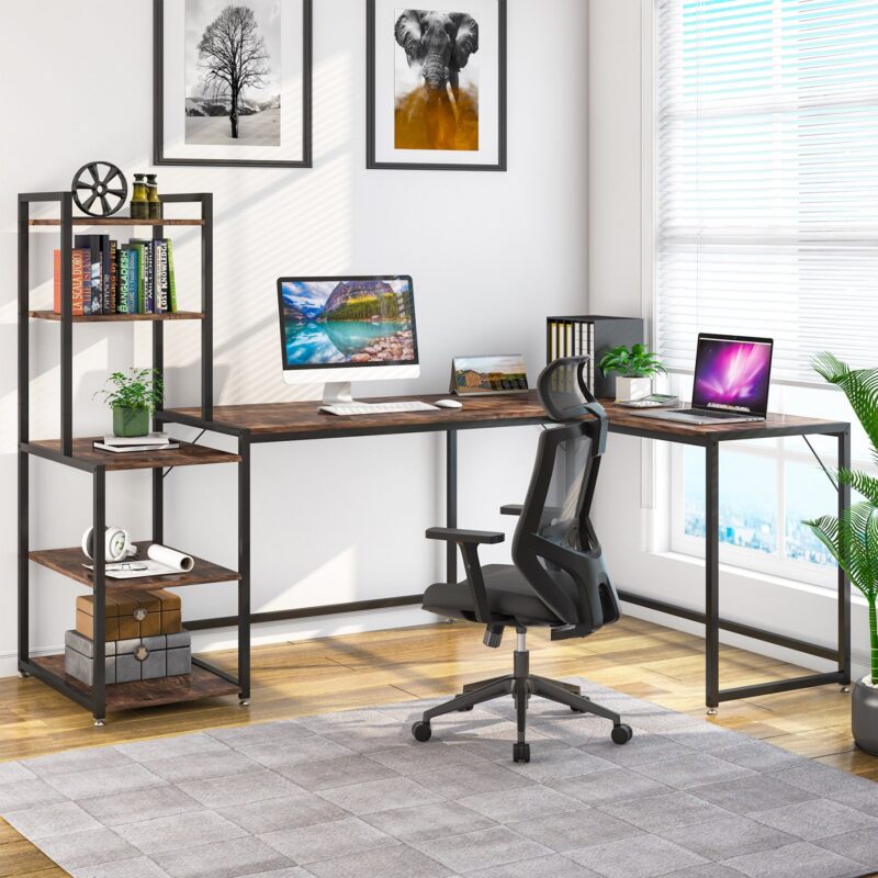 L-Shaped Desk, Reversible Corner Computer Desk with 5 Tier Shelves - Image 3