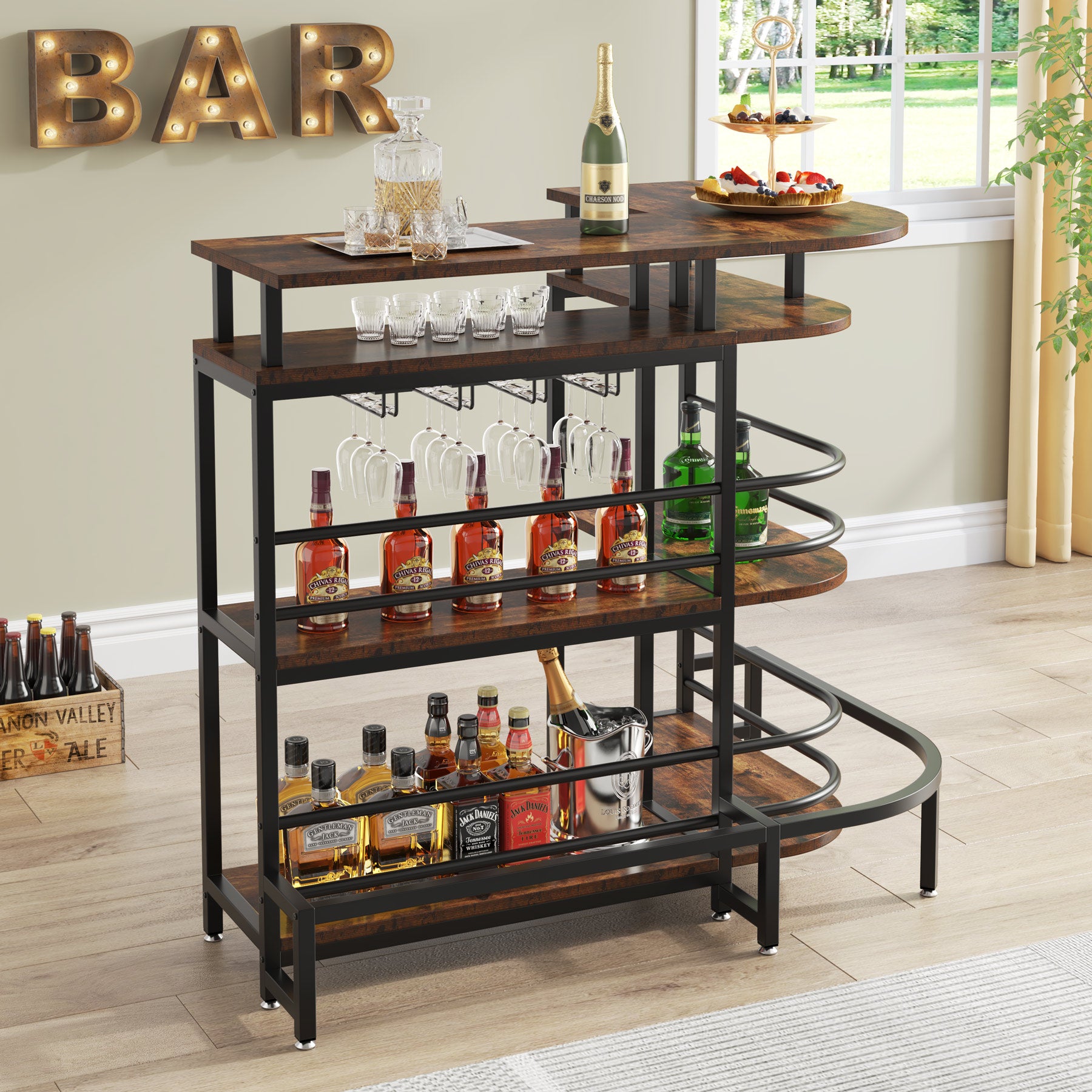 Bar Unit, L-Shaped Liquor Bar Table with 4 Tier Shelves & 4 Glass ...
