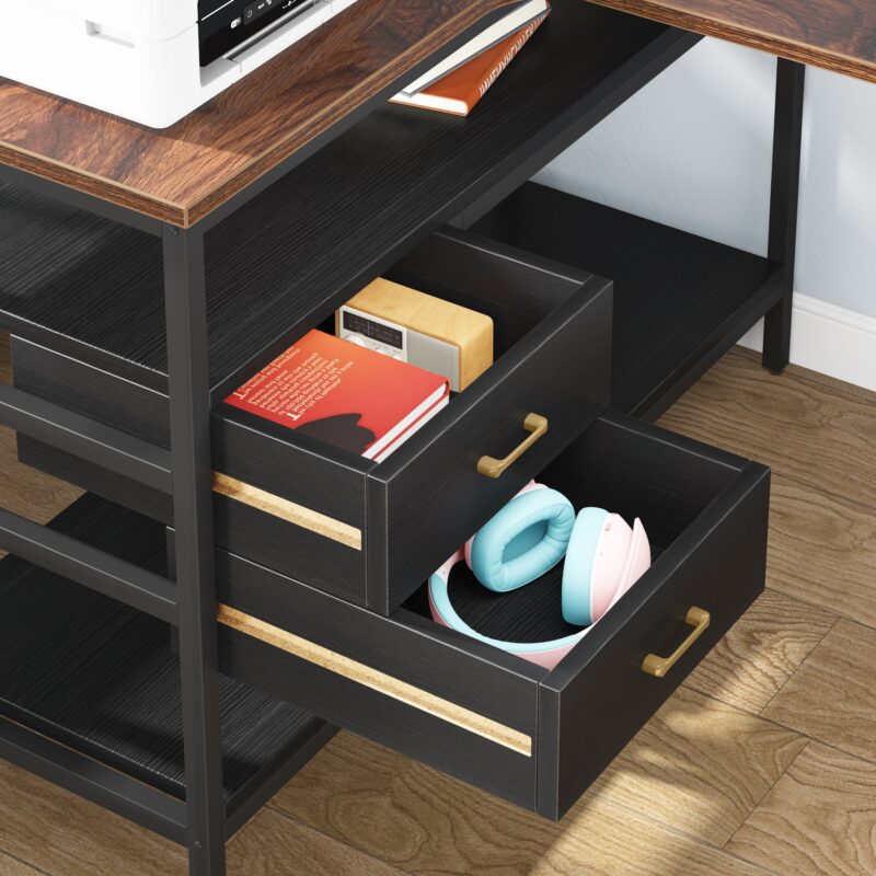 L-Shaped Desk, 59" Computer Desk with 2 Drawers & Storage Shelves - Image 5