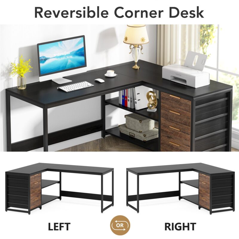 L-Shaped Desk, 59" Reversible Corner Desk with Drawers & Shelves - Image 6