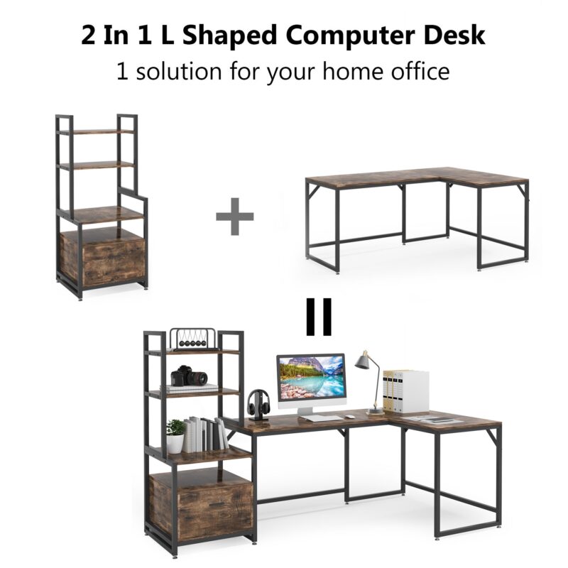 L-Shaped Desk, Computer Desk with 3 Tier Storage Shelves and File Drawer - Image 6