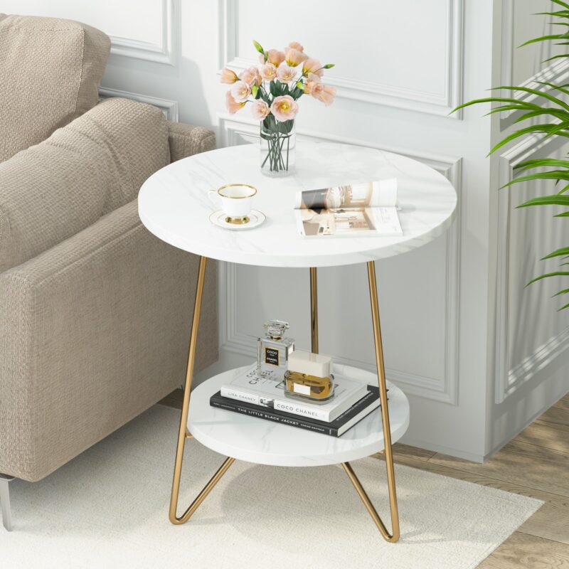 End Table, 2 Tier Round Sofa Bedside Table with Shelves - Image 3