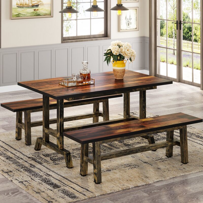 Dining Table Set, 3-Piece 47" Kitchen Table with 2 Benches