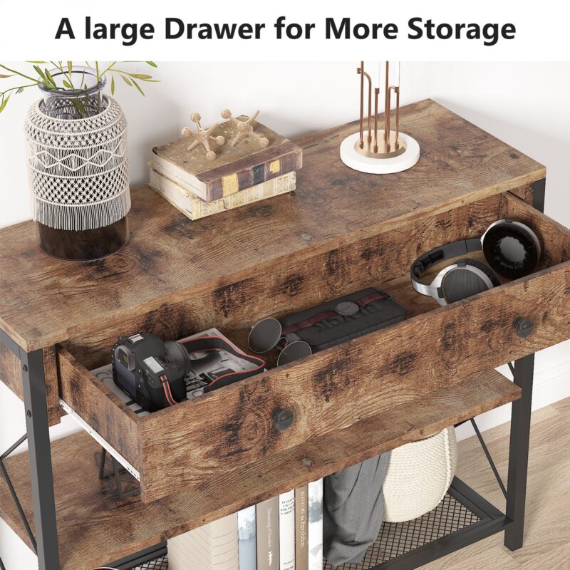 Console Table, Rustic Sofa Side Table With Drawer & 2-Tier Storage Shelves - Image 5