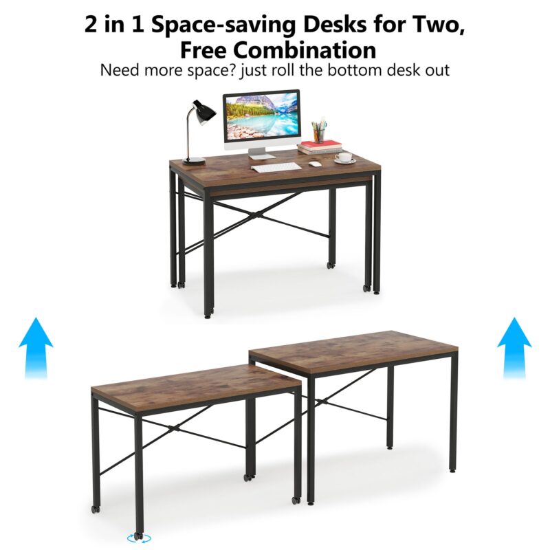 Two Person Desk, Double Computer Desk with Wheels Lockable - Image 6