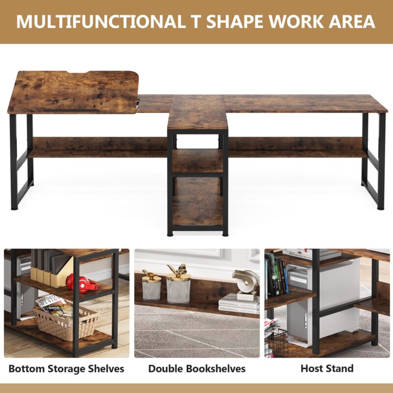 Two Person Desk, 94.5"Computer Desk with Shelves and Tiltable Tabletop - Image 6