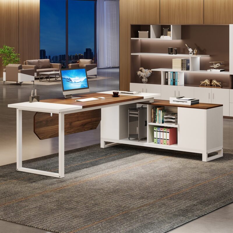 L-Shaped Desk, 70.8" Executive Desk with 55" File Cabinet - Image 2