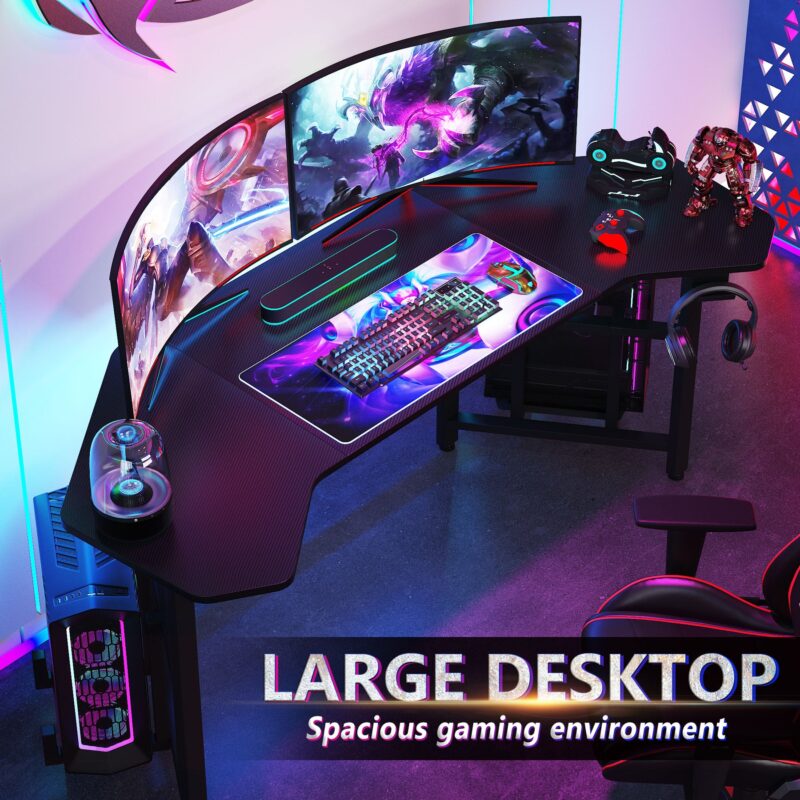 Gaming Desk, 66.5" Ergonomic Wing-Shaped Computer Studio Desk - Image 5