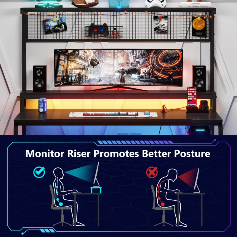 Gaming Desk with 2-Outlet & 2 USB Ports, Computer Desk with Monitor Stand - Image 4