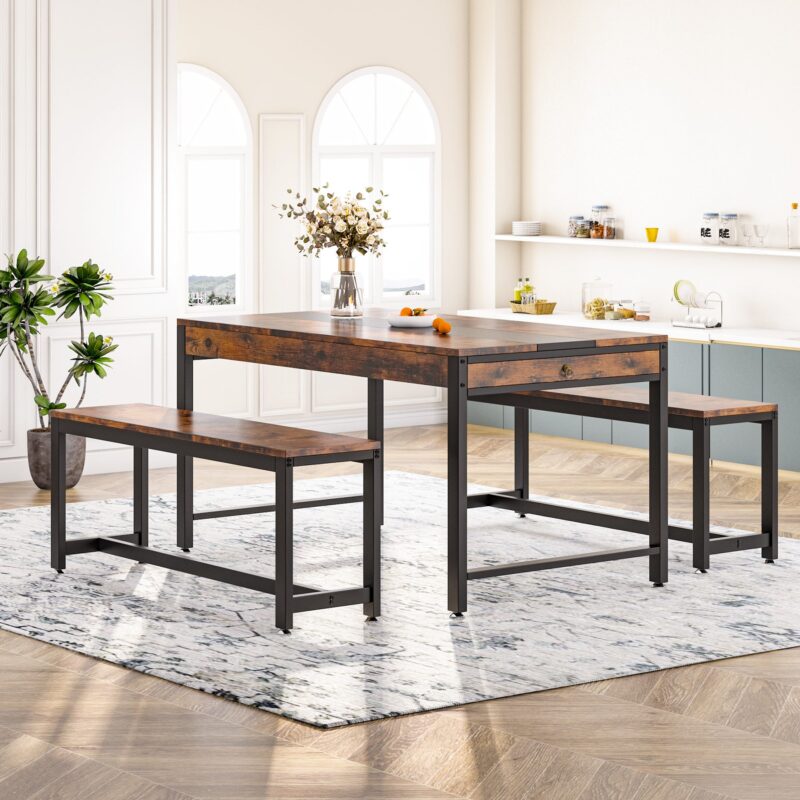 Dining Table Set, Kitchen Breakfast Table with 2 Benches & Sided Drawer - Image 3