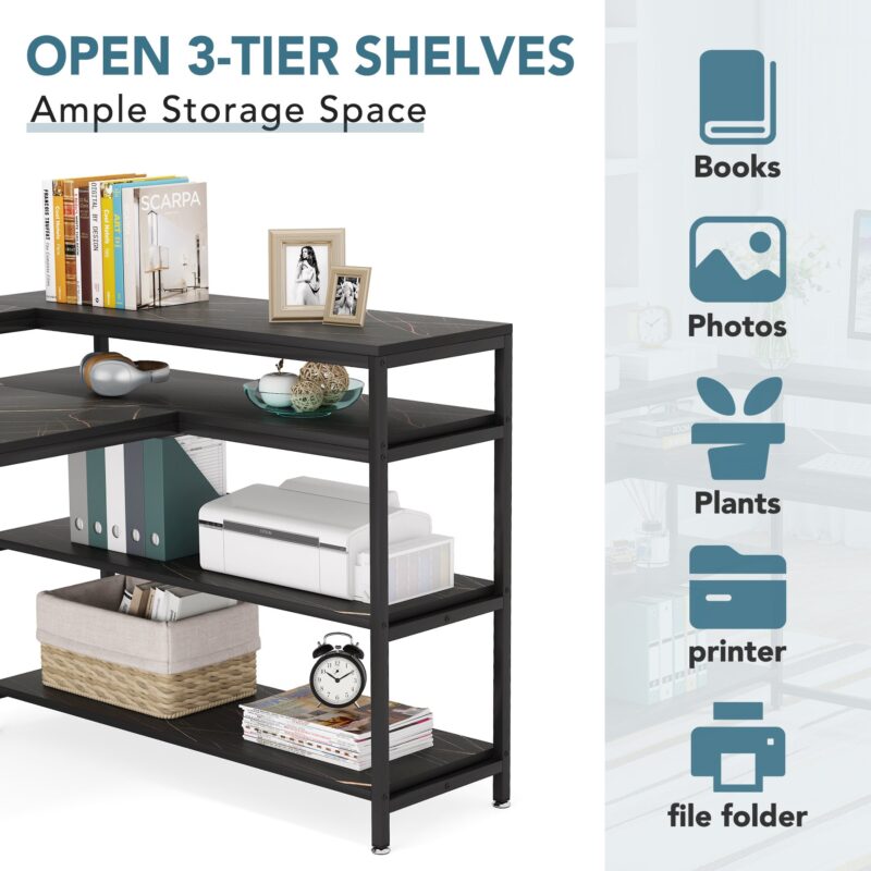 L-Shaped Desk, 53" Reversible Corner Desk with Shelves and Monitor Stand - Image 4