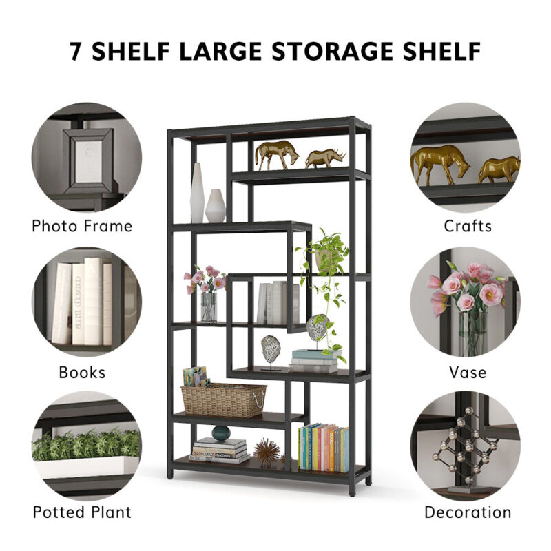 8-Shelves Staggered Bookshelf,  Industrial Etagere Bookcase - Image 6