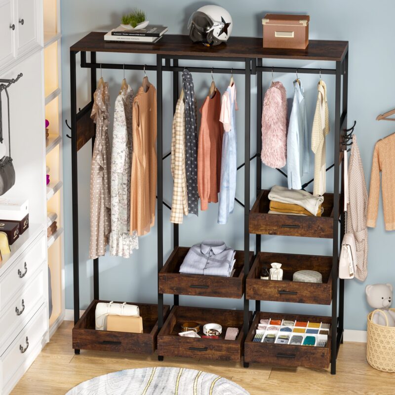 Freestanding Closet Organizer, Large Garment Rack with 6 Open Drawers - Image 4