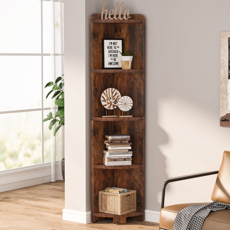 Corner Shelf, 5 Tier Wood Wall Corner Bookshelf Storage Rack - Image 9