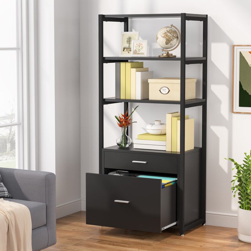 File Cabinet, 4-Tier Modern Bookshelf with 2 Drawers - Image 6