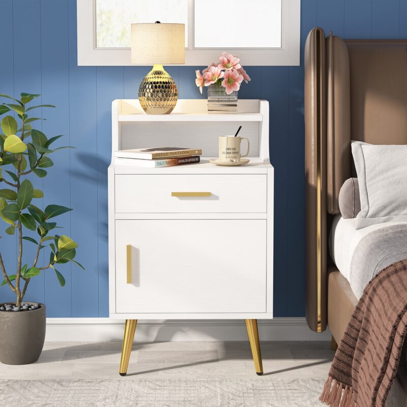 Nightstand, 32" Tall Bedside Table with Drawer & Doors - Image 4