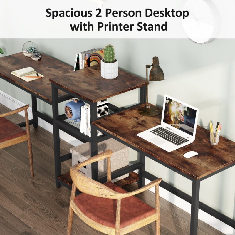 Two Person Desk, 96.9" Double Computer Desk with Storage Shelves - Image 5