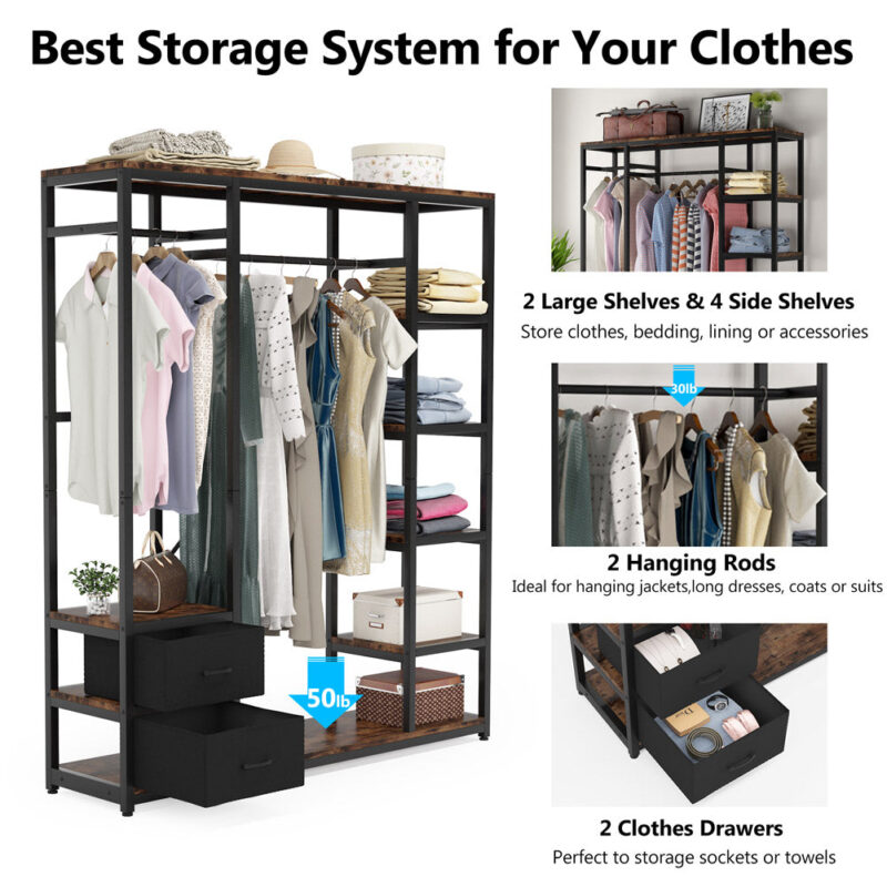 Freestanding Closet Organizer, 59" Garment Rack with 2 Drawers - Image 5