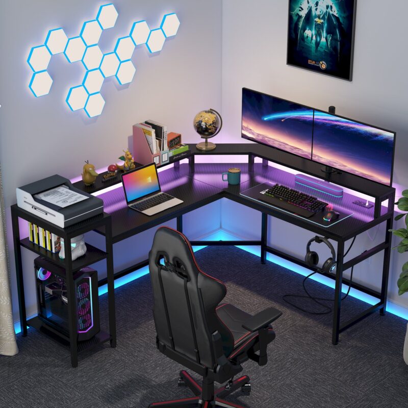 Gaming Desk, L-Shaped Computer Desk with Power Outlets & LED Strips - Image 5