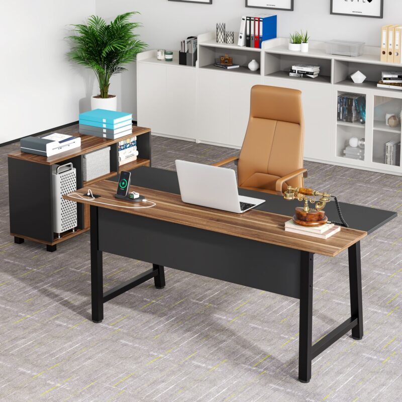 L-Shaped Desk, 70.9" Computer Desk with Power Outlet and File Cabinet - Image 4