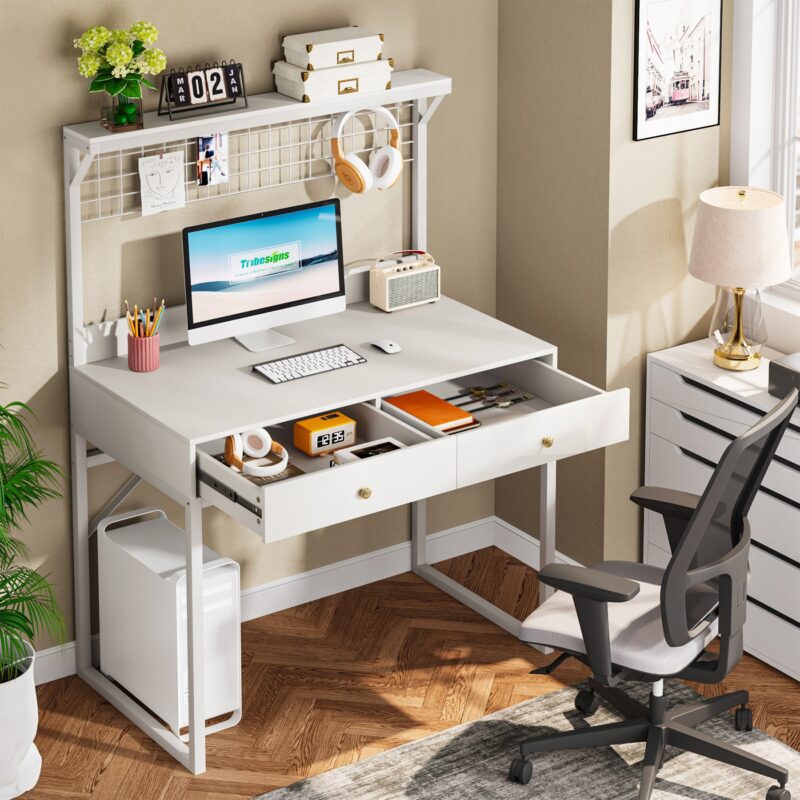 Computer Desk, Modern Study Table With 2 Drawers & Mesh Shelf - Image 3