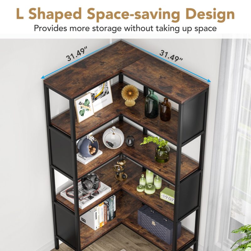 Corner Bookshelf, Industrial 5-Tier L-Shaped Bookcase with Safety Baffles - Image 5