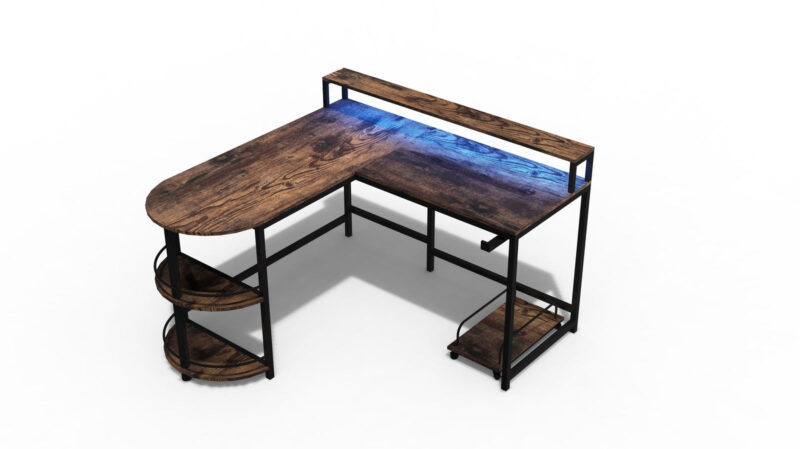 Gaming Desk, L Shaped Computer Desk with LED Strip & Shelves - Image 7