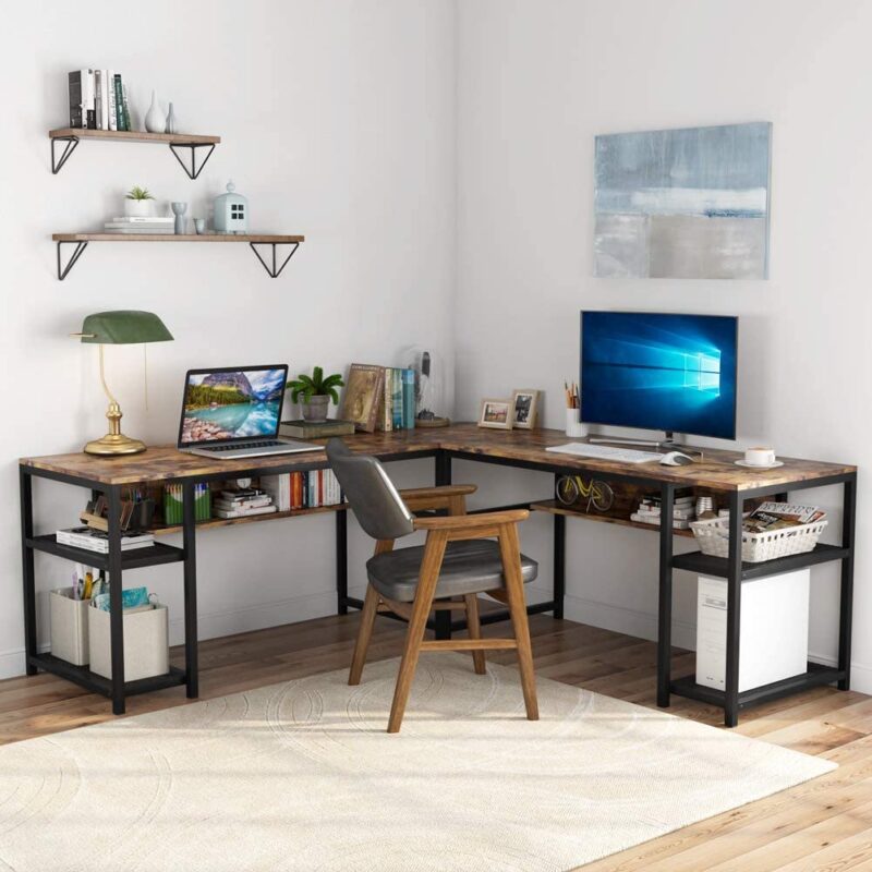 L-Shaped Desk, 70 Inch Computer Desk with Bookcase - Image 2