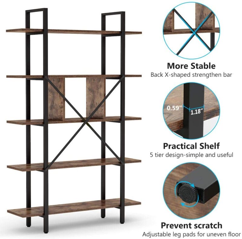 Bookshelf, 5-Tier Industrial Bookcase Display Storage Shelf - Image 5