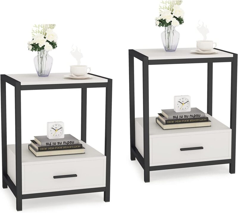 Nightstands, End Side Table with Drawer & Storage Shelf - Image 10