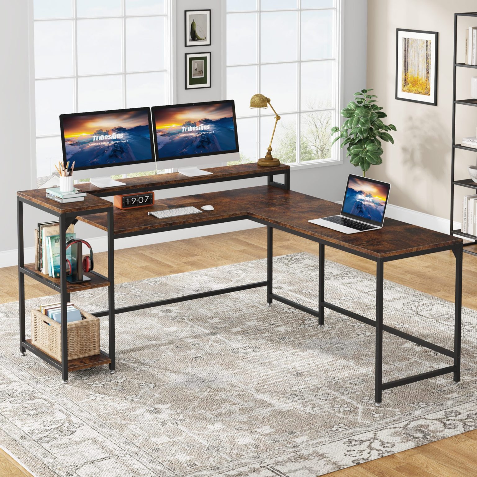 L-Shaped Desk, Corner Computer Desk with Monitor Stand & Shelves ...