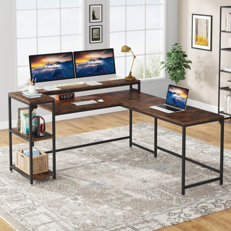 L-Shaped Desk, Corner Computer Desk with Monitor Stand & Shelves - Image 2