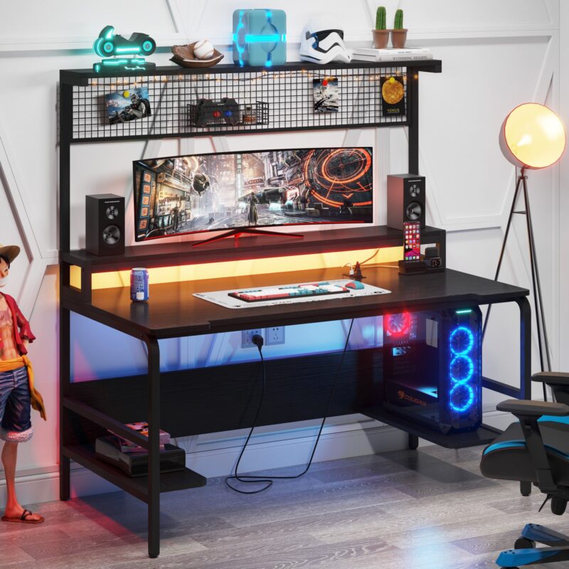 Gaming Desk with 2-Outlet & 2 USB Ports, Computer Desk with Monitor Stand - Image 2