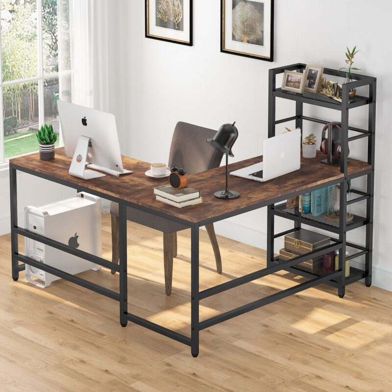 L-Shaped Desk, Reversible 59" Computer Desk with Storage Bookshelf - Image 3