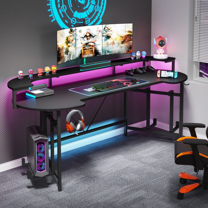 Gaming Desk, 75" Computer Desk with LED Strip & Monitor Shelf - Image 2