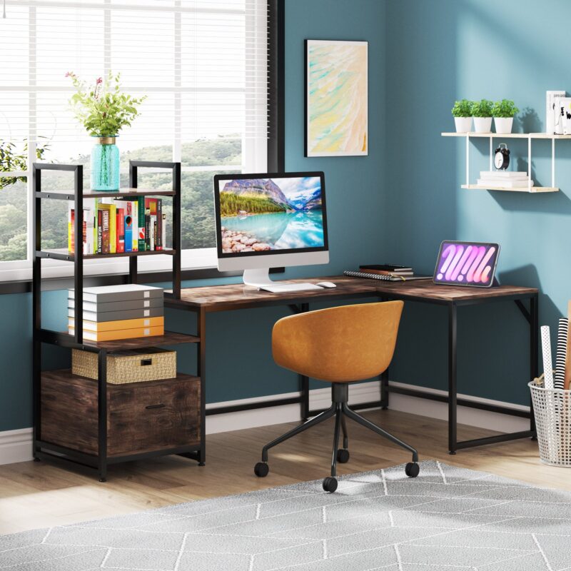 L-Shaped Desk, Computer Desk with 3 Tier Storage Shelves and File Drawer - Image 3