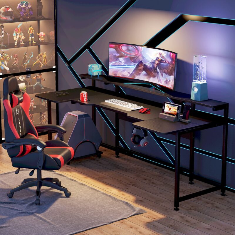 Gaming Desk, 74.8 Inches U Shaped Computer Desk with Hutch - Image 4