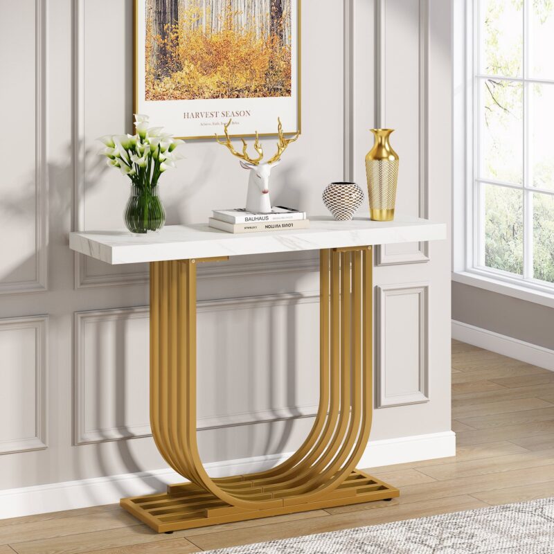 Console Table, 39" Faux Marble Entryway Sofa Table with U-Shaped Base - Image 2