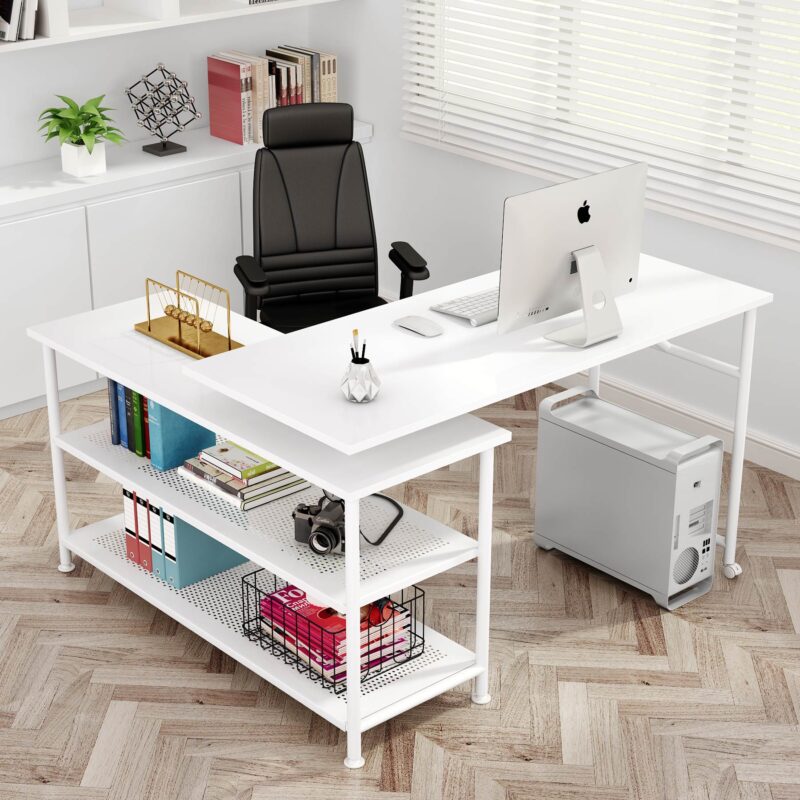 Rotating Desk, Modern L-Shaped Desk with Storage Shelves - Image 4