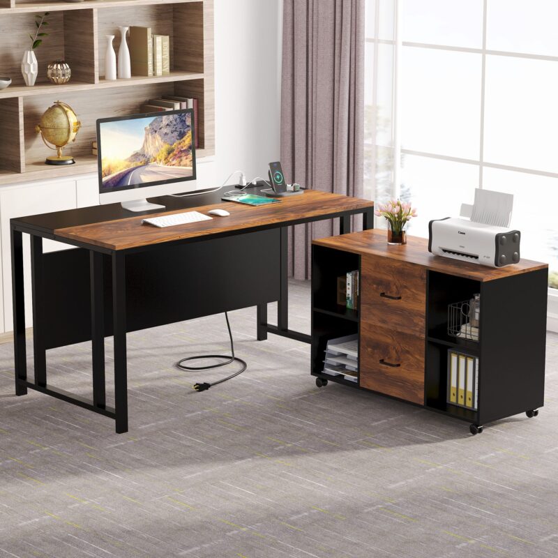 L-Shaped Desk, 55" Office Desk with 40" Mobile File Cabinet