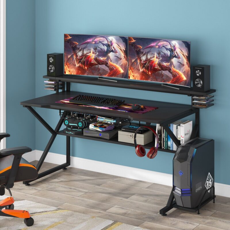 Gaming Desk, Computer Desk with Monitor Stand and Shelf - Image 3