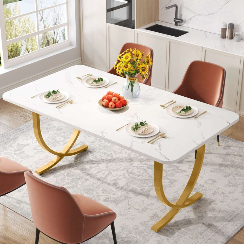 Dining Table, 63" Modern Kitchen Table with Faux Marble Table Top - Image 4