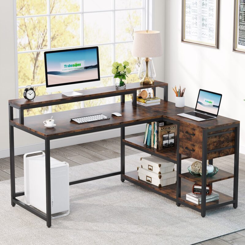 L-Shaped Desk, Industrial Corner Desk with Drawer & Storage Shelves - Image 2