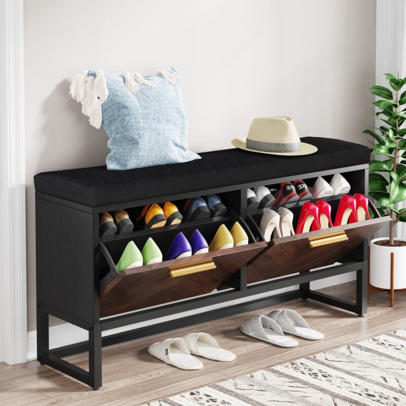 Shoe Bench, 2 Flip Drawers Shoe Rack Organizer with Adjustable Shelves