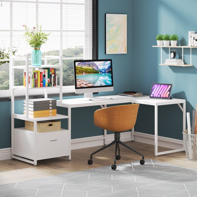 L-Shaped Desk, Computer Desk with 3 Tier Storage Shelves and File Drawer - Image 8