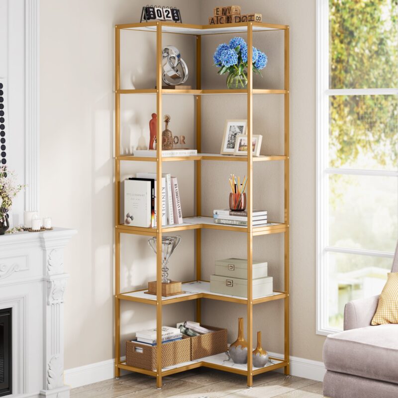 Corner Bookshelf, 70.5" L-Shaped 6-Shelf Etagere Bookcase